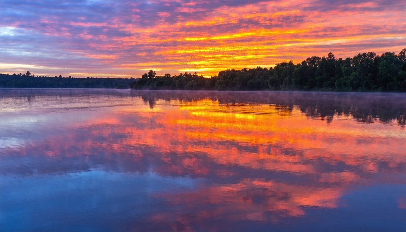 Sunset over a tranquil lake with vibrant colors reflected in the water